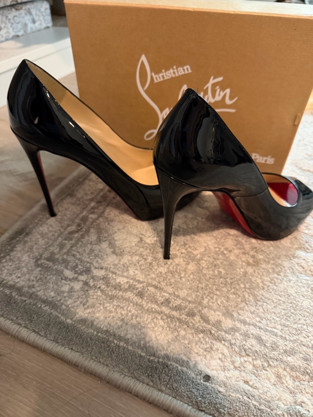 Christian Louboutin Black Patent Peep-Toe Pumps with Red Toe - Picture 2 of 5